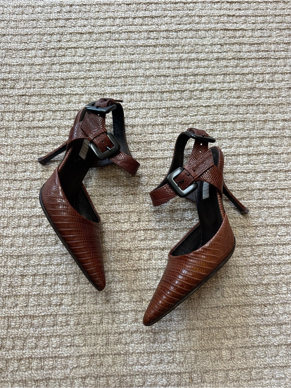Edmundo Castillo Vintage Y2K Brown Leather Pointed Ankle Buckle Heels Sz 7.5